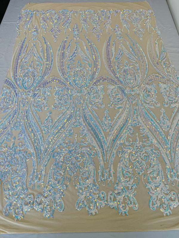 Big Damask Sequins Fabric - Aqua Iridescent - 4 Way Stretch Damask Sequins Design Fabric By Yard
