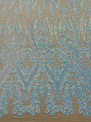 Big Damask Sequins Fabric - Aqua Iridescent - 4 Way Stretch Damask Sequins Design Fabric By Yard