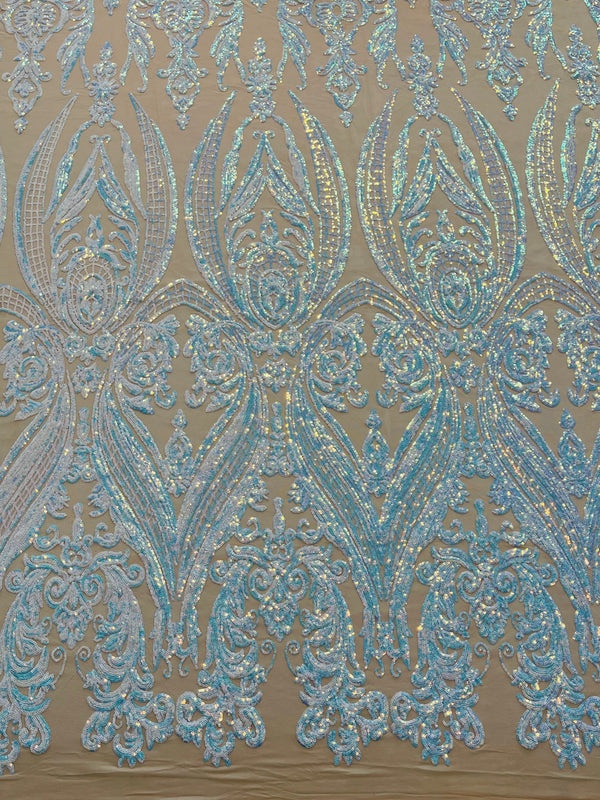 Big Damask Sequins Fabric - Aqua Iridescent - 4 Way Stretch Damask Sequins Design Fabric By Yard