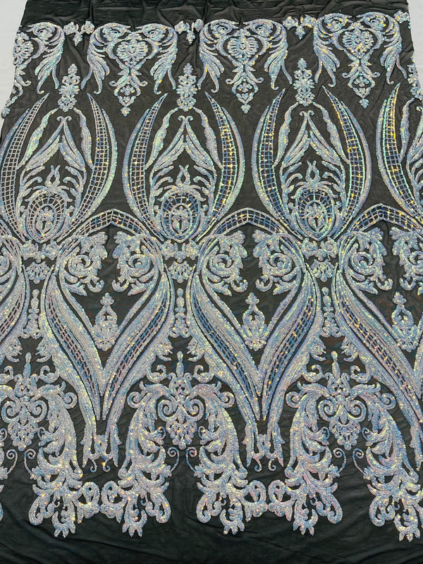 Big Damask Sequins Fabric - Aqua Iridescent - 4 Way Stretch Damask Sequins Design Fabric By Yard
