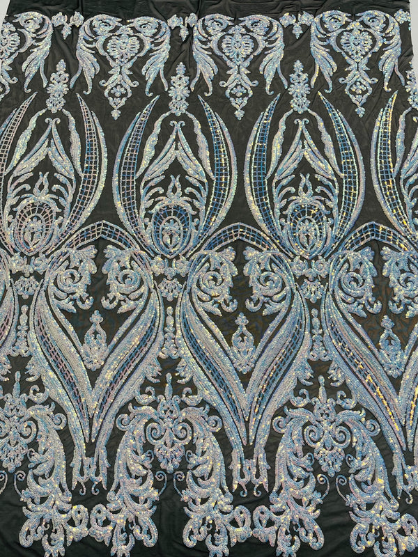 Big Damask Sequins Fabric - Aqua Iridescent - 4 Way Stretch Damask Sequins Design Fabric By Yard