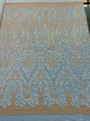 Big Damask Sequins Fabric - Aqua Iridescent - 4 Way Stretch Damask Sequins Design Fabric By Yard