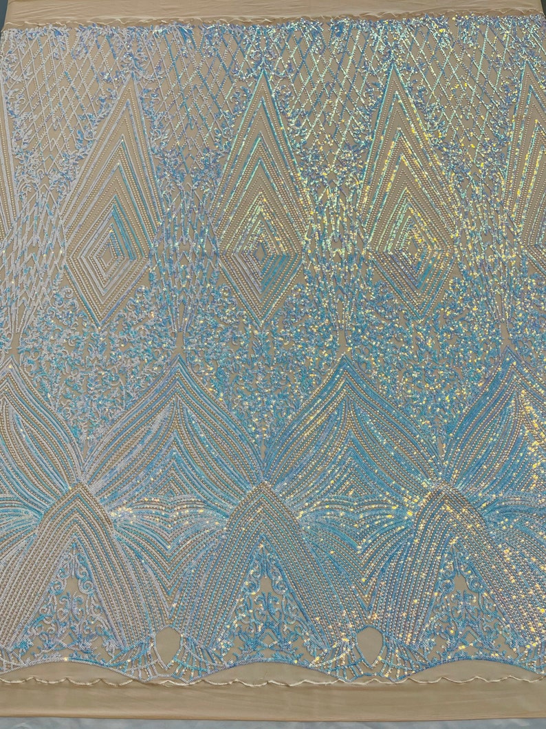 Aqua Iridescent Sequins Fabric on Nude Mesh, GEOMETRIC Design 4 way Stretch By The Yard