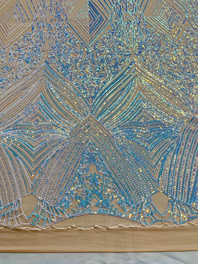 Aqua Iridescent Sequins Fabric on Nude Mesh, GEOMETRIC Design 4 way Stretch By The Yard