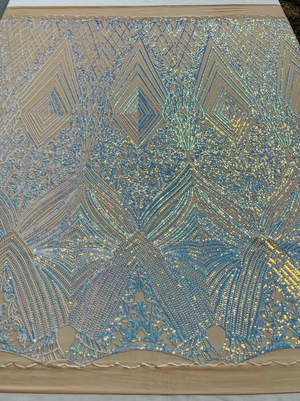 Aqua Iridescent Sequins Fabric on Nude Mesh, GEOMETRIC Design 4 way Stretch By The Yard