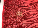 4 Way Stretch - Red - Vines Design Sequins Fabric Embroidered On Mesh Sold By The Yard
