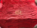 4 Way Stretch - Red - Vines Design Sequins Fabric Embroidered On Mesh Sold By The Yard