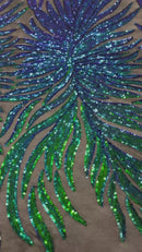 Angel Wing Sequin Design - Iridescent Blue/Green - Wing Patterns Embroidered with Sequins on Mesh Sold By Yard