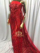 4 Way Stretch - Red - Vines Design Sequins Fabric Embroidered On Mesh Sold By The Yard