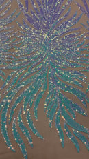 Angel Wing Sequin Design - Aqua - Wing Patterns Embroidered with Sequins on Mesh Sold By Yard