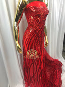 4 Way Stretch - Red - Vines Design Sequins Fabric Embroidered On Mesh Sold By The Yard