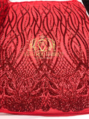 4 Way Stretch - Red - Vines Design Sequins Fabric Embroidered On Mesh Sold By The Yard
