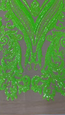 Big Damask Sequins Fabric - Neon Green - 4 Way Stretch Damask Sequins Design Fabric By Yard