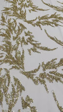 Leaf Plant Cluster Design Fabric - Gold - Beaded Embroidered Leaves Design on Lace Mesh By Yard