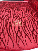 4 Way Stretch - Red - Vines Design Sequins Fabric Embroidered On Mesh Sold By The Yard