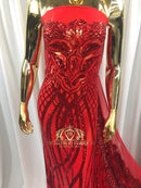 4 Way Stretch - Red - Vines Design Sequins Fabric Embroidered On Mesh Sold By The Yard