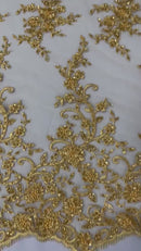 Beaded Floral Cluster - Gold - Fancy Embroidered Glamorous Floral Design Sold by Yard