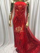 4 Way Stretch - Red - Vines Design Sequins Fabric Embroidered On Mesh Sold By The Yard