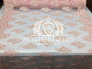 Lace Fabric - Blush Pink - Corded Flowers Embroidery With Sequins On Mesh Sold By The Yard