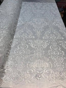 Floral - White - Embroided Lace Fabric Damask Pattern - Beautiful Fabrics Sold by The Yard