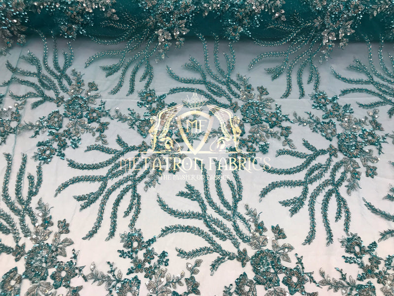 Beaded - Teal - Fancy Flower Design Sequins Fabric with Beads Sold By The Yard