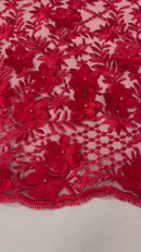 3D Floral Pearl Fabric - Red - 3D Triangle Flower Design on Mesh By Yard