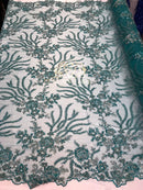 Beaded - Teal - Fancy Flower Design Sequins Fabric with Beads Sold By The Yard