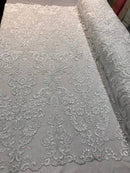 Floral - White - Embroided Lace Fabric Damask Pattern - Beautiful Fabrics Sold by The Yard