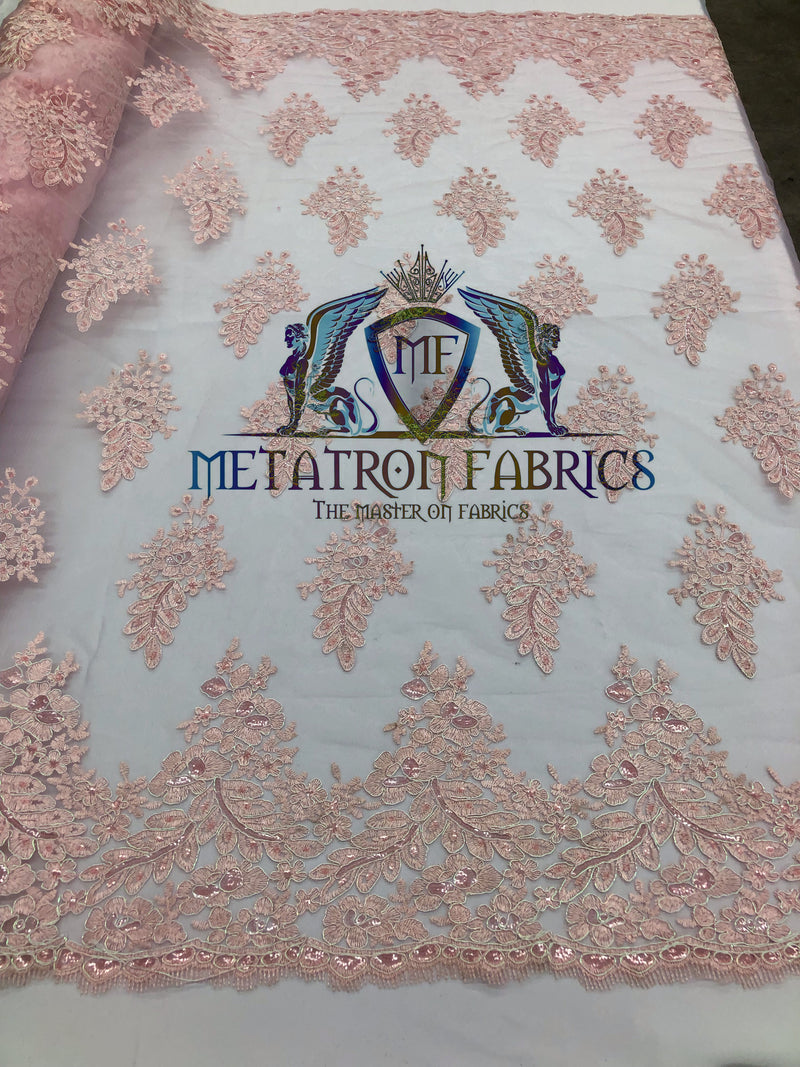 Lace Fabric - Blush Pink - Corded Flowers Embroidery With Sequins On Mesh Sold By The Yard