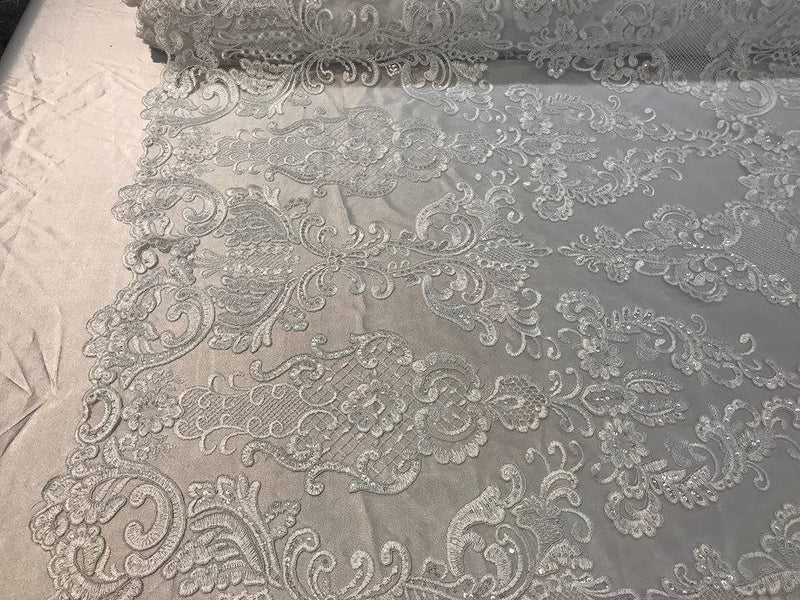 Floral - White - Embroided Lace Fabric Damask Pattern - Beautiful Fabrics Sold by The Yard