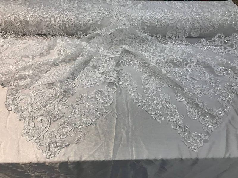 Floral - White - Embroided Lace Fabric Damask Pattern - Beautiful Fabrics Sold by The Yard