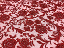 Beaded Floral - RED - Luxury Wedding Bridal Embroidery Lace Fabric Sold By The Yard