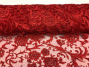 Beaded Floral - RED - Luxury Wedding Bridal Embroidery Lace Fabric Sold By The Yard