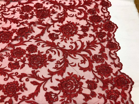 Beaded Floral - RED - Luxury Wedding Bridal Embroidery Lace Fabric Sold By The Yard