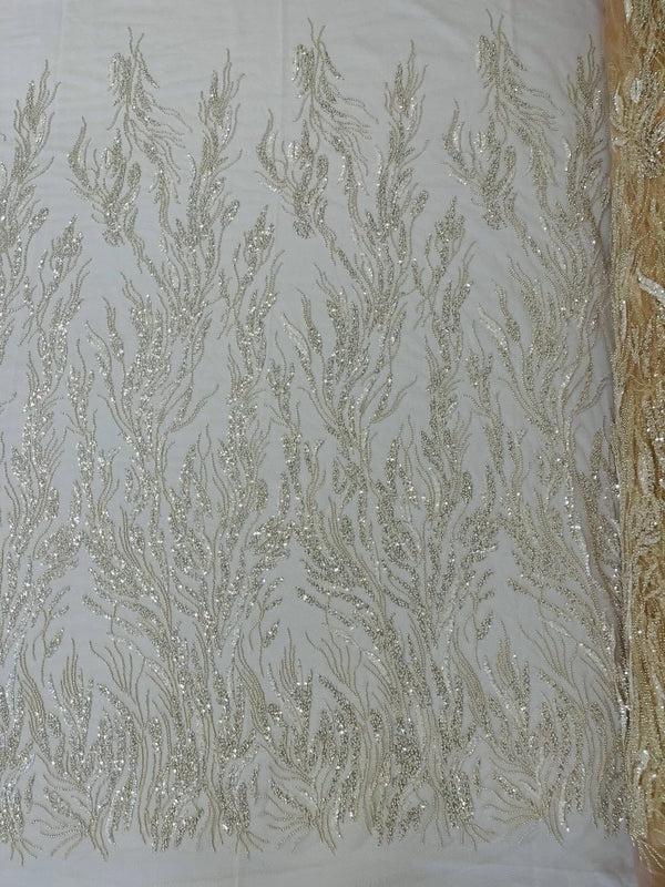 Wavy Plant Lines Bead Fabric - Beige - Embroidered Beaded Wedding Bridal Fabric Sold By The Yard