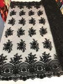 Beaded - Black - Embroidered Floral Design Fancy Sequins Fabric with Beads Sold By The Yard