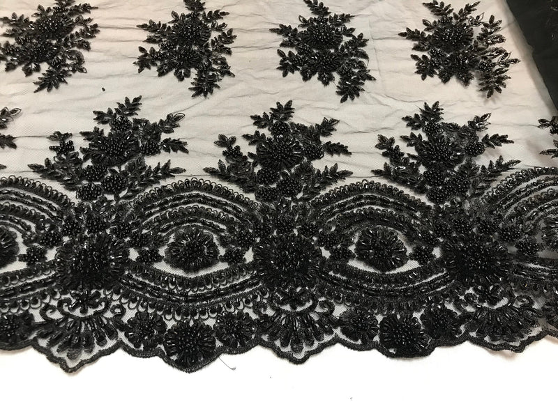 Beaded - Black - Embroidered Floral Design Fancy Sequins Fabric with Beads Sold By The Yard
