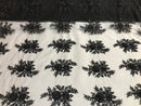 Beaded - Black - Embroidered Floral Design Fancy Sequins Fabric with Beads Sold By The Yard