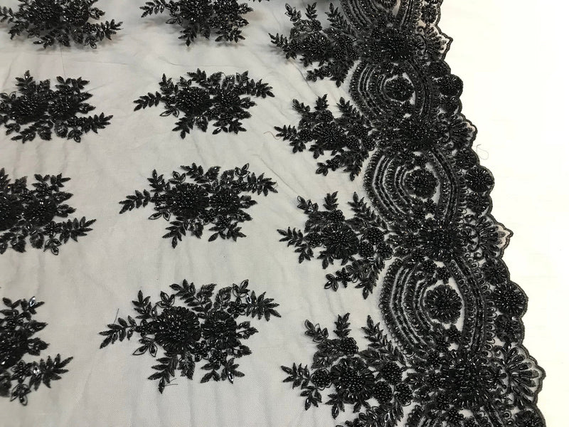 Beaded - Black - Embroidered Floral Design Fancy Sequins Fabric with Beads Sold By The Yard