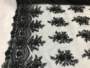 Beaded - Black - Embroidered Floral Design Fancy Sequins Fabric with Beads Sold By The Yard