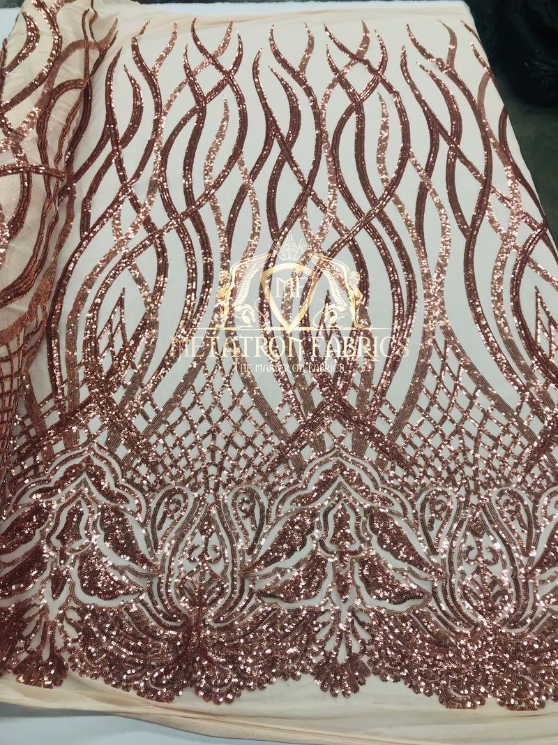 4 Way Stretch - Rose Gold - Vines Design Sequins Fabric Embroidered On Mesh Sold By The Yard