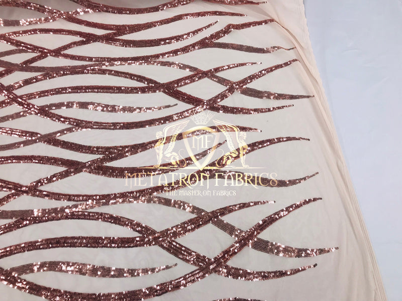 4 Way Stretch - Rose Gold - Vines Design Sequins Fabric Embroidered On Mesh Sold By The Yard