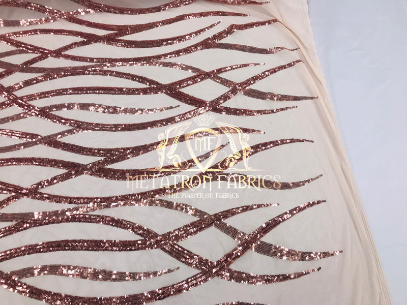 Sample 4 Way Stretch - Rose Gold - Vines Design Sequins Fabric Embroidered On Mesh