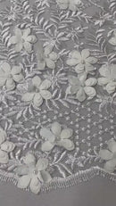 3D Floral Pearl Fabric - White - 3D Triangle Flower Design on Mesh By Yard