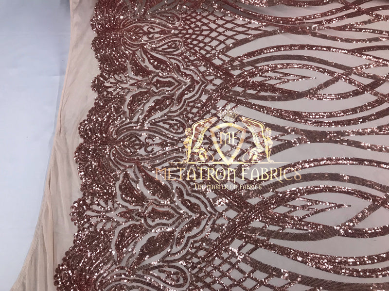 Sample 4 Way Stretch - Rose Gold - Vines Design Sequins Fabric Embroidered On Mesh