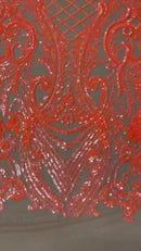 Damask Geometric Sequins - Orange on Nude - 4 Way Stretch Sequins Damask Pattern Design Sold By Yard