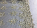 Beaded - Cream - Embroidered Floral Design Fancy Sequins Fabric with Beads Sold By The Yard