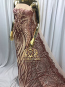 Sample 4 Way Stretch - Rose Gold - Vines Design Sequins Fabric Embroidered On Mesh