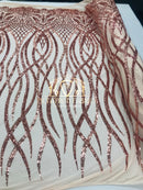 Sample 4 Way Stretch - Rose Gold - Vines Design Sequins Fabric Embroidered On Mesh