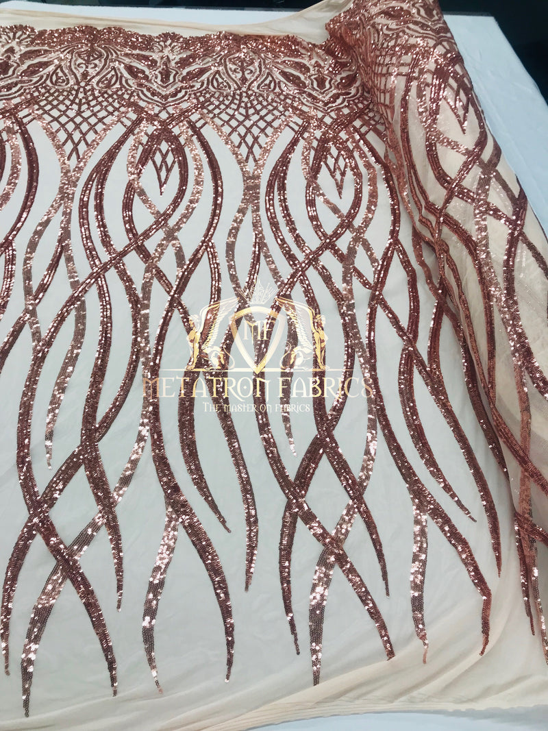 Sample 4 Way Stretch - Rose Gold - Vines Design Sequins Fabric Embroidered On Mesh